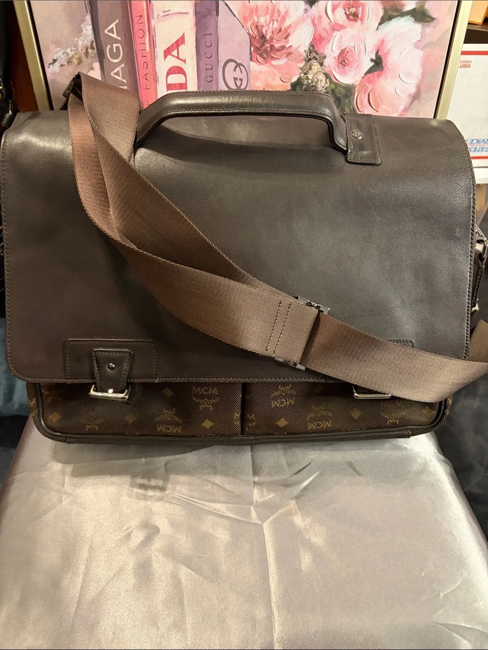 MCM Brown Leather Messenger Bag with Monogram Front Pockets